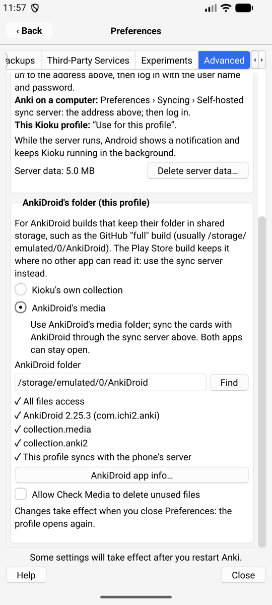 Kioku's AnkiDroid folder settings: AnkiDroid's media chosen, with checks for All files access, AnkiDroid 2.25.3, collection.media, collection.anki2 and the sync server