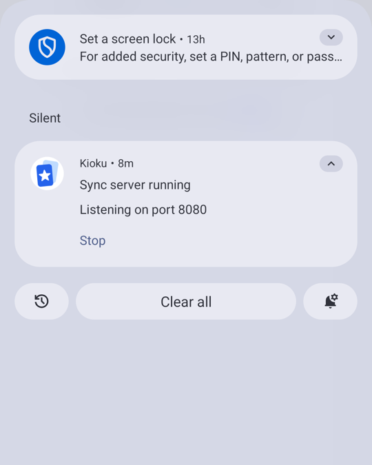 Android notification: Sync server running, listening on port 8080, with a Stop button