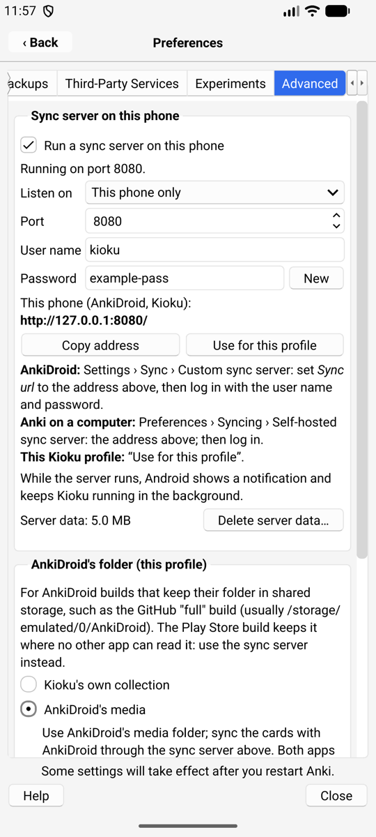 Preferences, Advanced tab on Android: the sync server is running on port 8080, with its address, user name and password