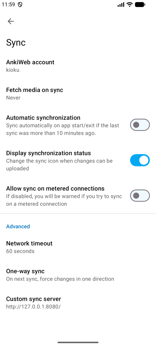 AnkiDroid's sync settings: logged in as kioku, Fetch media on sync set to Never, Custom sync server http://127.0.0.1:8080/