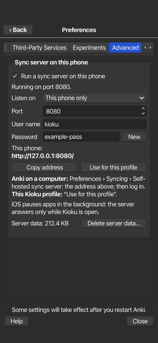 Preferences, Advanced tab on iPhone: the sync server is running on port 8080