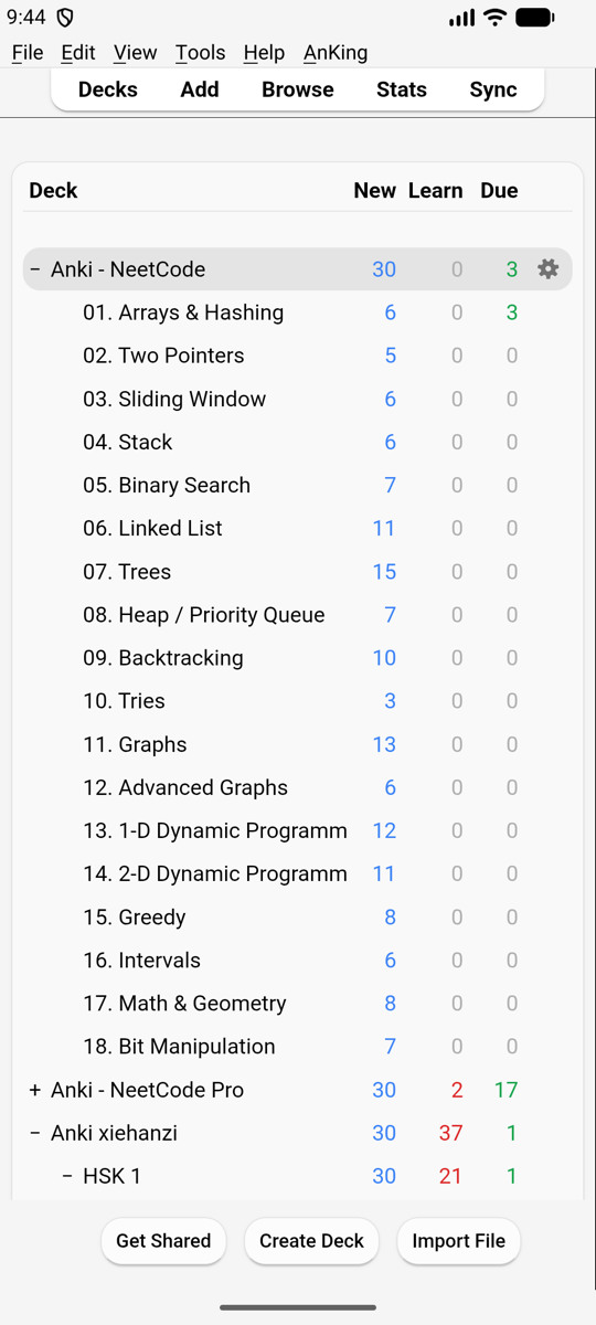 Kioku's deck list on Android, with the menu bar and the Decks, Add, Browse, Stats and Sync buttons