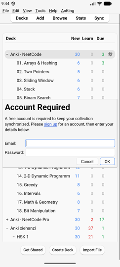 The AnkiWeb login as a card above the deck list
