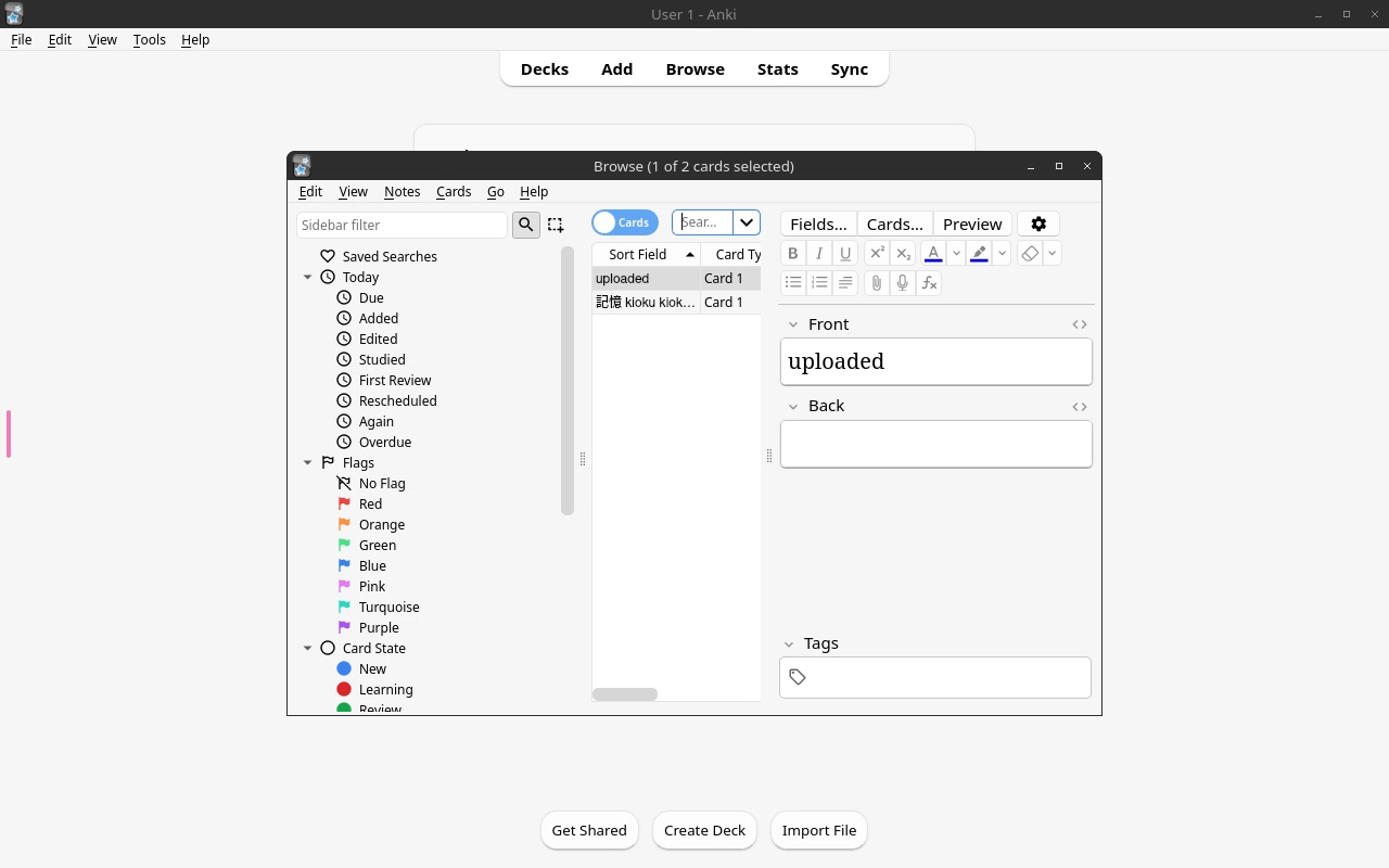 Anki desktop running on a server, shown in a browser: the Browse window over the deck list