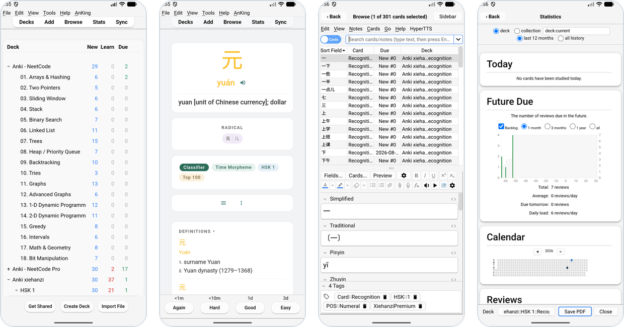 Android: deck list, reviewing, Browse, Statistics