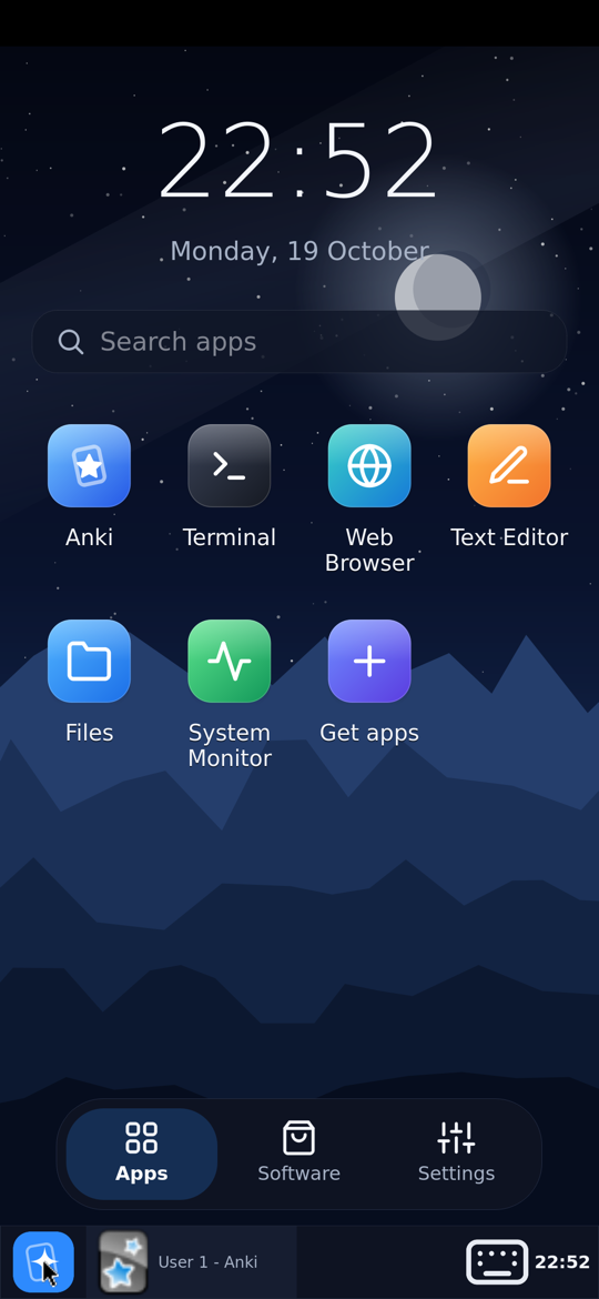 The Kioku desktop with app icons and the dock