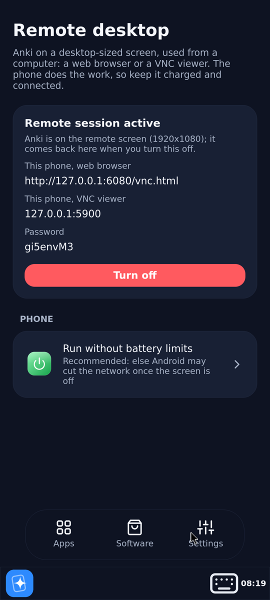 Remote session active: the web and VNC addresses, the password, Turn off
