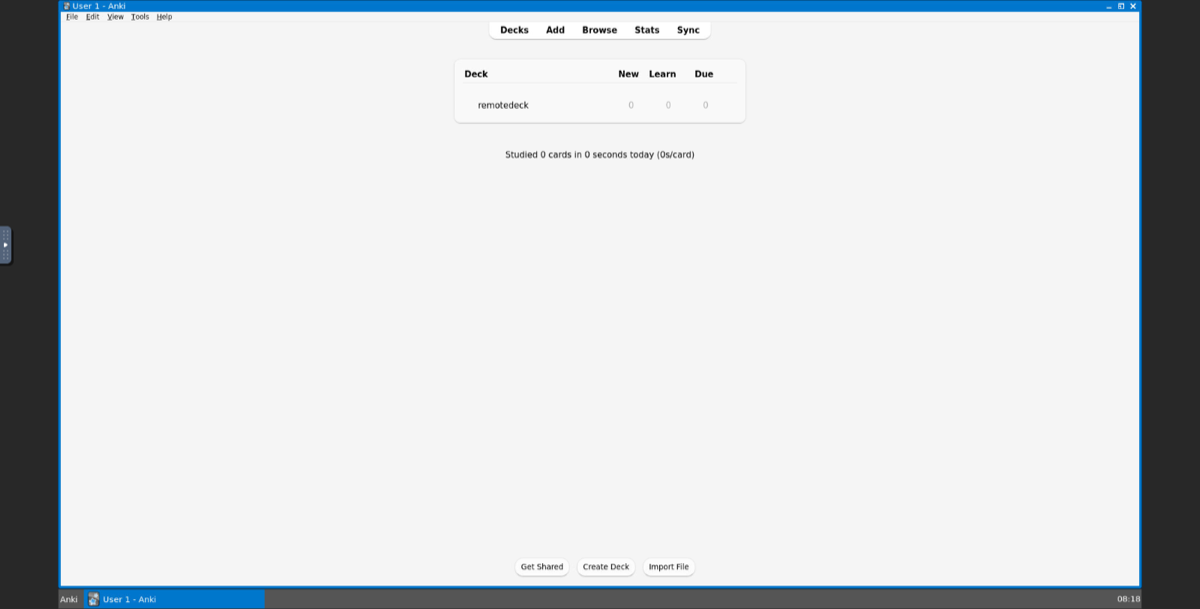 Anki on the remote screen in a web browser through noVNC, with a taskbar