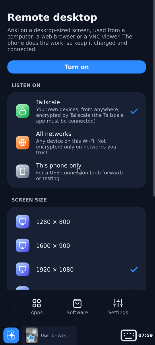 Remote desktop page: Turn on, Listen on (Tailscale, All networks, This phone only), screen size