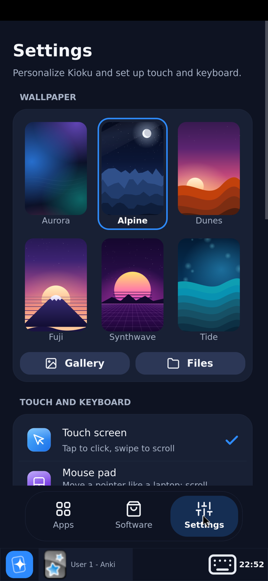 Settings: wallpapers, touch screen or mouse pad